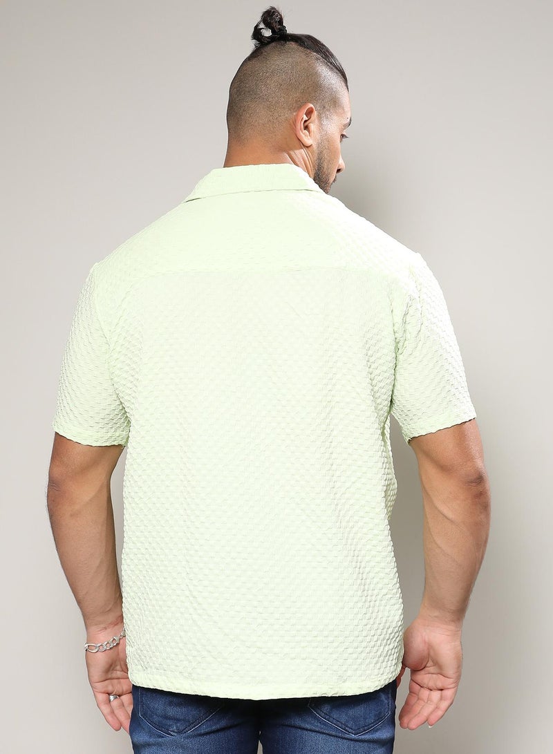 Instafab Plus Men's Lime Green Self-Design Block Shirt For Casual Wear | Spread Collar | Short Sleeve | Button Closure | Shirt Crafted With Comfort Fit For Everyday Wear - Image 5